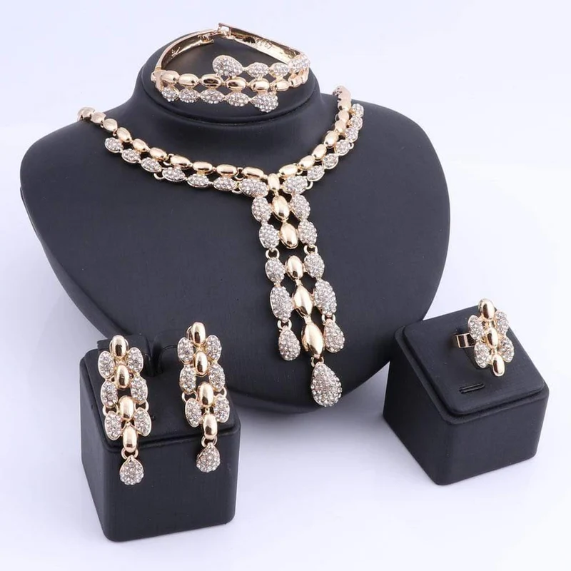 Hochzeits-Halsketten-Sets, Vintage-Strass-Halsband, Quaste und Anhänger, Halsketten, Ohrring, Ring, Armreif, Maxi-Schmuck-Sets