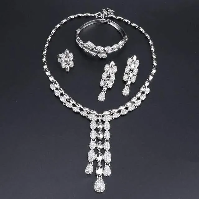 Hochzeits-Halsketten-Sets, Vintage-Strass-Halsband, Quaste und Anhänger, Halsketten, Ohrring, Ring, Armreif, Maxi-Schmuck-Sets