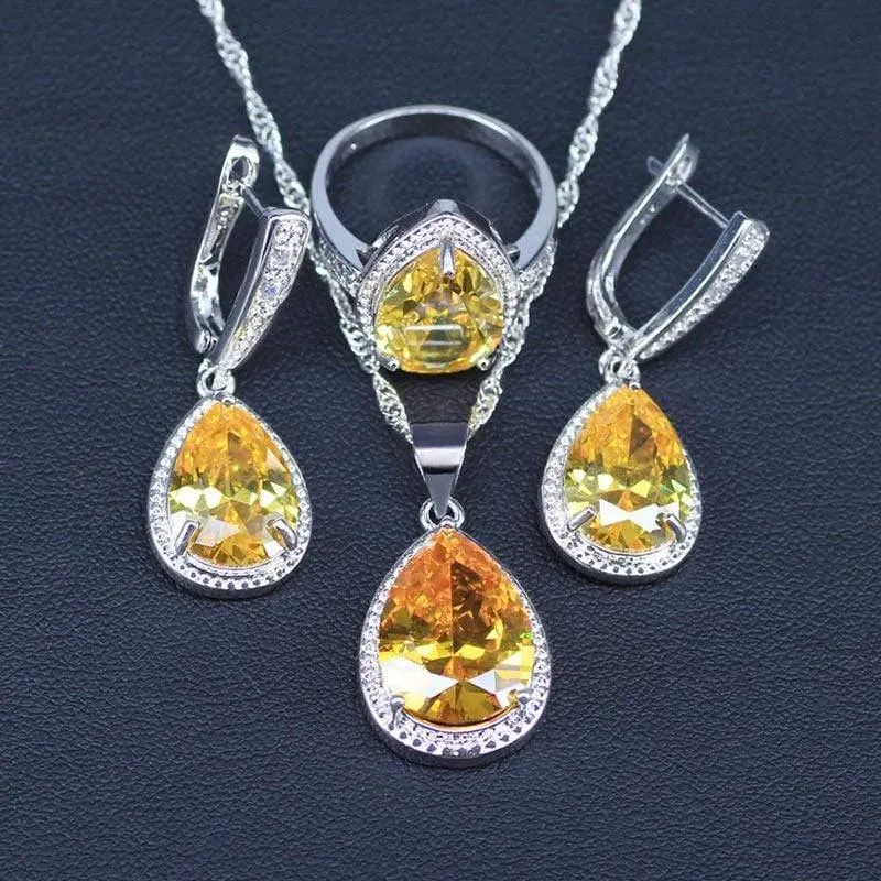 Weißer und funkelnder gelber Kristallstein 925 Sterling Silber 3-teiliges Schmuckset mit großen Wassertropfen für Frauen