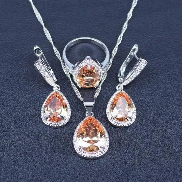 Weißer und funkelnder gelber Kristallstein 925 Sterling Silber 3-teiliges Schmuckset mit großen Wassertropfen für Frauen