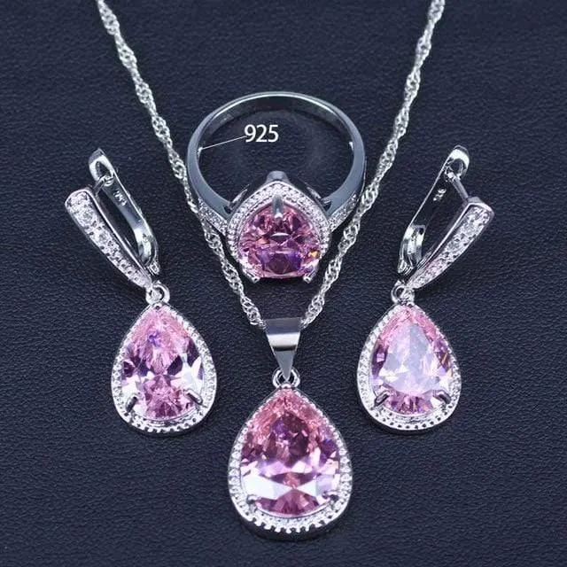 Weißer und funkelnder gelber Kristallstein 925 Sterling Silber 3-teiliges Schmuckset mit großen Wassertropfen für Frauen