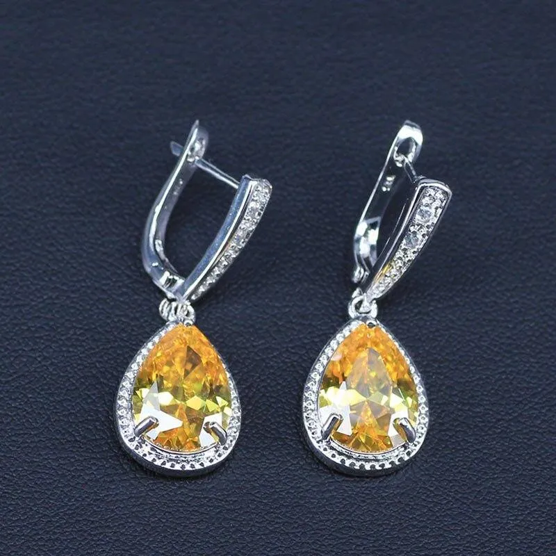 Weißer und funkelnder gelber Kristallstein 925 Sterling Silber 3-teiliges Schmuckset mit großen Wassertropfen für Frauen