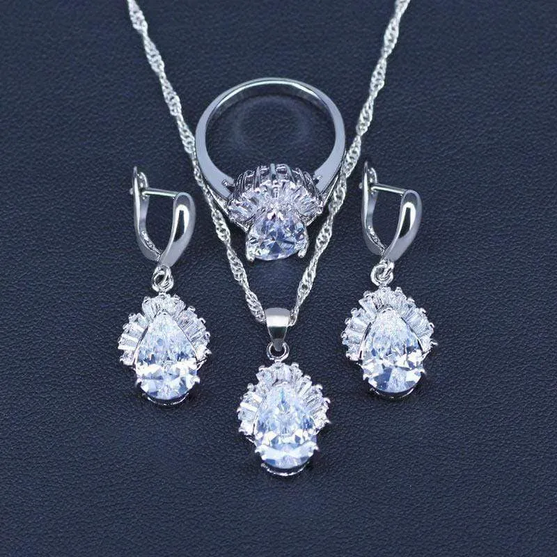 Weiß Schmuck Sets Wasser Tropfen Zirkonia CZ Stein 925 Sterling Silber Ohrringe Halsketten Finger Ringe