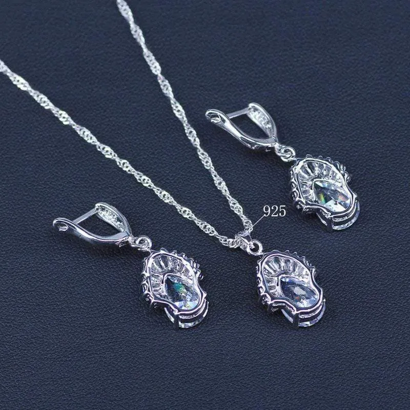 Weiß Schmuck Sets Wasser Tropfen Zirkonia CZ Stein 925 Sterling Silber Ohrringe Halsketten Finger Ringe