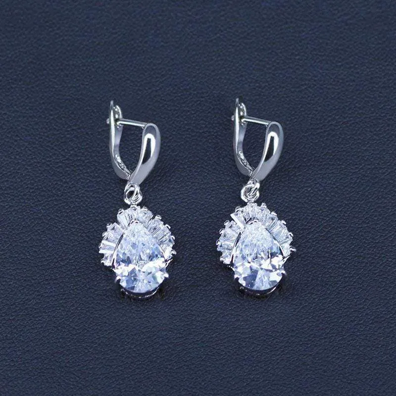 Weiß Schmuck Sets Wasser Tropfen Zirkonia CZ Stein 925 Sterling Silber Ohrringe Halsketten Finger Ringe