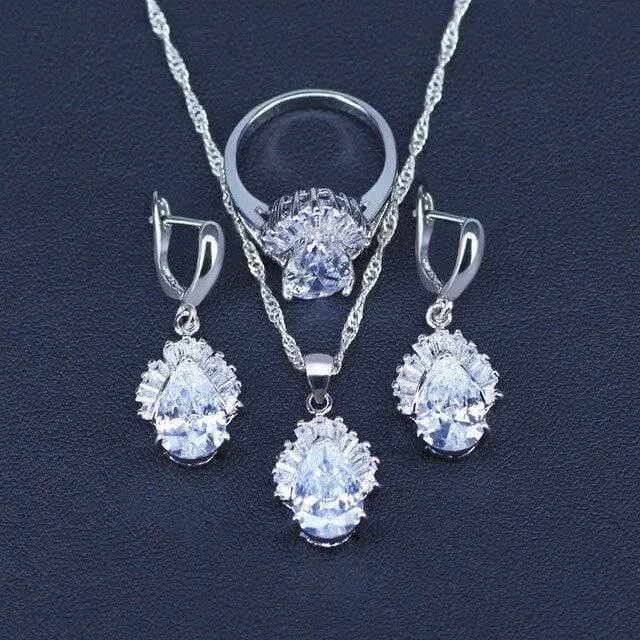 Weiß Schmuck Sets Wasser Tropfen Zirkonia CZ Stein 925 Sterling Silber Ohrringe Halsketten Finger Ringe