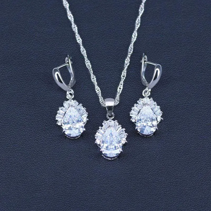 Weiß Schmuck Sets Wasser Tropfen Zirkonia CZ Stein 925 Sterling Silber Ohrringe Halsketten Finger Ringe