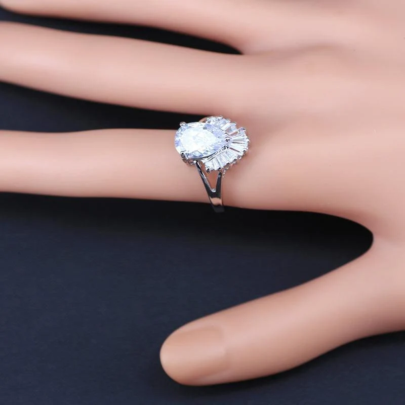 Weiß Schmuck Sets Wasser Tropfen Zirkonia CZ Stein 925 Sterling Silber Ohrringe Halsketten Finger Ringe