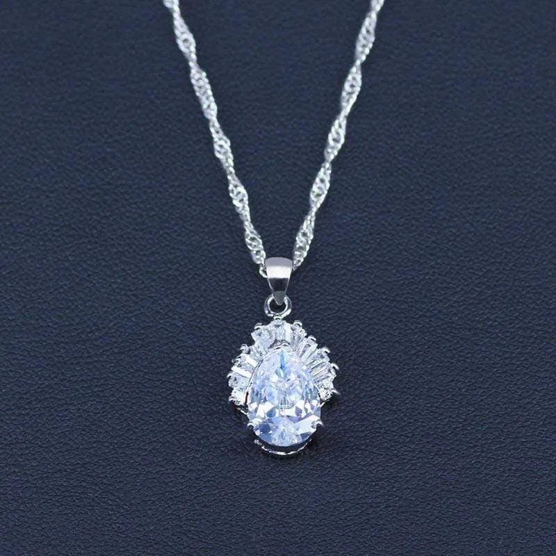 Weiß Schmuck Sets Wasser Tropfen Zirkonia CZ Stein 925 Sterling Silber Ohrringe Halsketten Finger Ringe