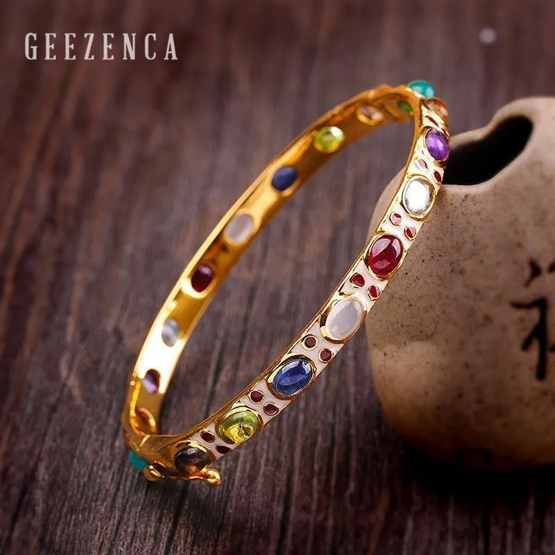 925 Sterling Silber Farbige Edelsteine ​​Cloisonne Handmade Craft Bangles Vintage Ethnische Armband Armreifen Edlen Schmuck für Frauen