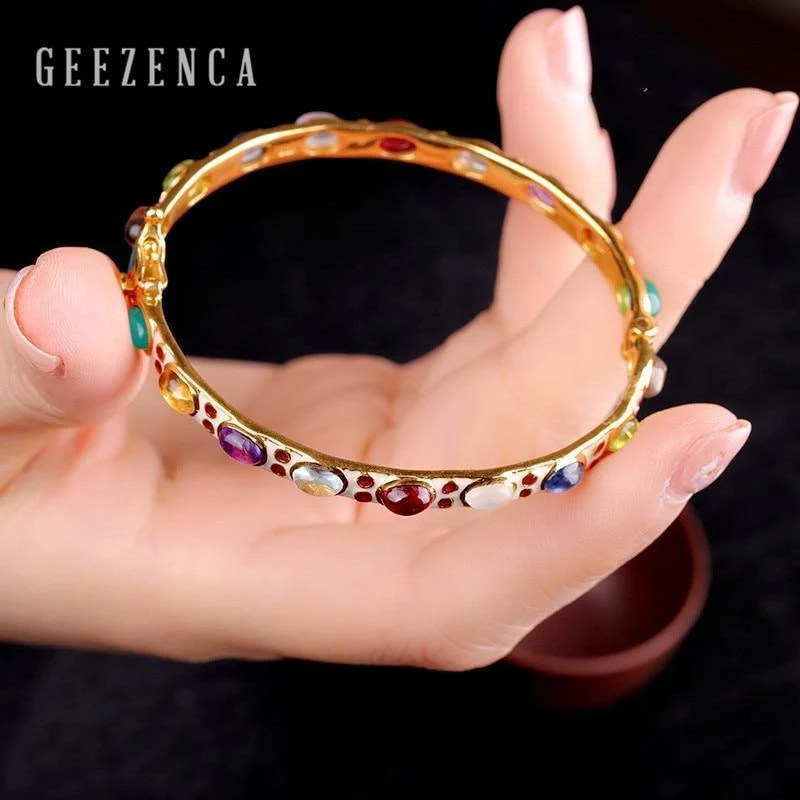 925 Sterling Silber Farbige Edelsteine ​​Cloisonne Handmade Craft Bangles Vintage Ethnische Armband Armreifen Edlen Schmuck für Frauen
