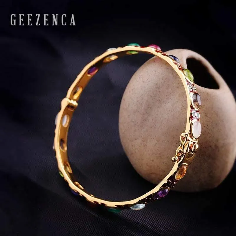 925 Sterling Silber Farbige Edelsteine ​​Cloisonne Handmade Craft Bangles Vintage Ethnische Armband Armreifen Edlen Schmuck für Frauen