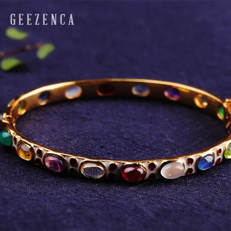 925 Sterling Silber Farbige Edelsteine ​​Cloisonne Handmade Craft Bangles Vintage Ethnische Armband Armreifen Edlen Schmuck für Frauen