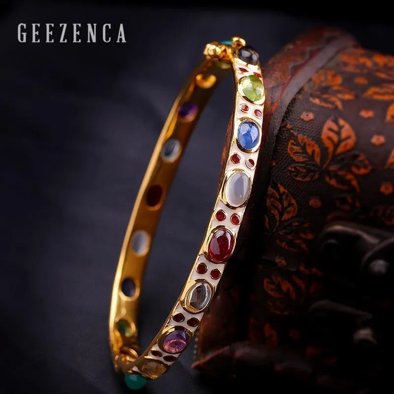 925 Sterling Silber Farbige Edelsteine ​​Cloisonne Handmade Craft Bangles Vintage Ethnische Armband Armreifen Edlen Schmuck für Frauen