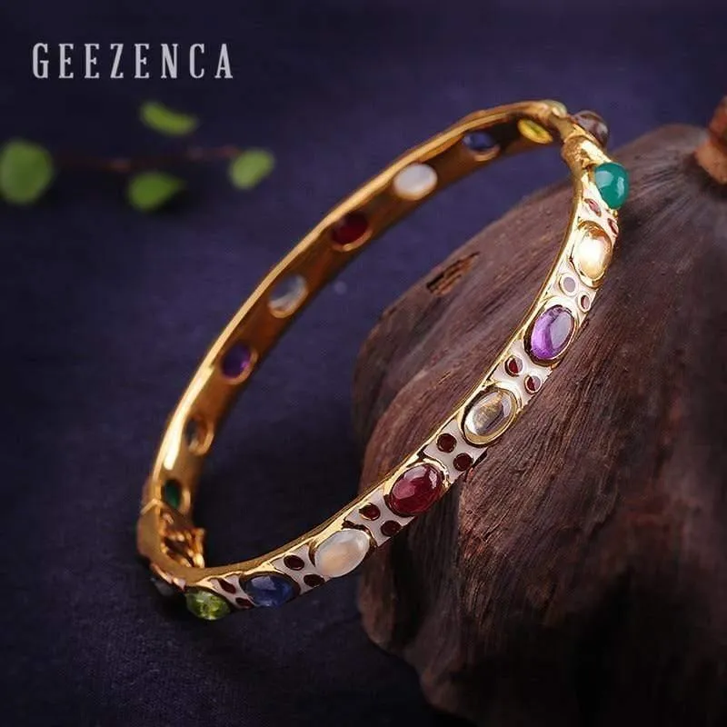 925 Sterling Silber Farbige Edelsteine ​​Cloisonne Handmade Craft Bangles Vintage Ethnische Armband Armreifen Edlen Schmuck für Frauen