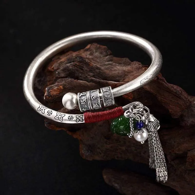 990 Sterling Thai Silber Edelstein Jade Resizable Bangles Lotus Glücksperlen Quaste Armband Armreif Vintage Fine Jewelry Women