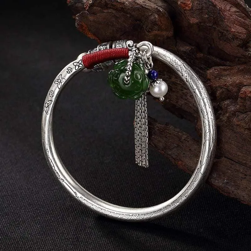 990 Sterling Thai Silber Edelstein Jade Resizable Bangles Lotus Glücksperlen Quaste Armband Armreif Vintage Fine Jewelry Women