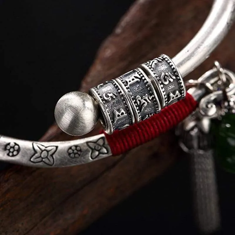 990 Sterling Thai Silber Edelstein Jade Resizable Bangles Lotus Glücksperlen Quaste Armband Armreif Vintage Fine Jewelry Women