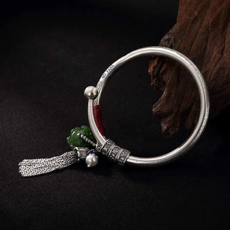 990 Sterling Thai Silber Edelstein Jade Resizable Bangles Lotus Glücksperlen Quaste Armband Armreif Vintage Fine Jewelry Women
