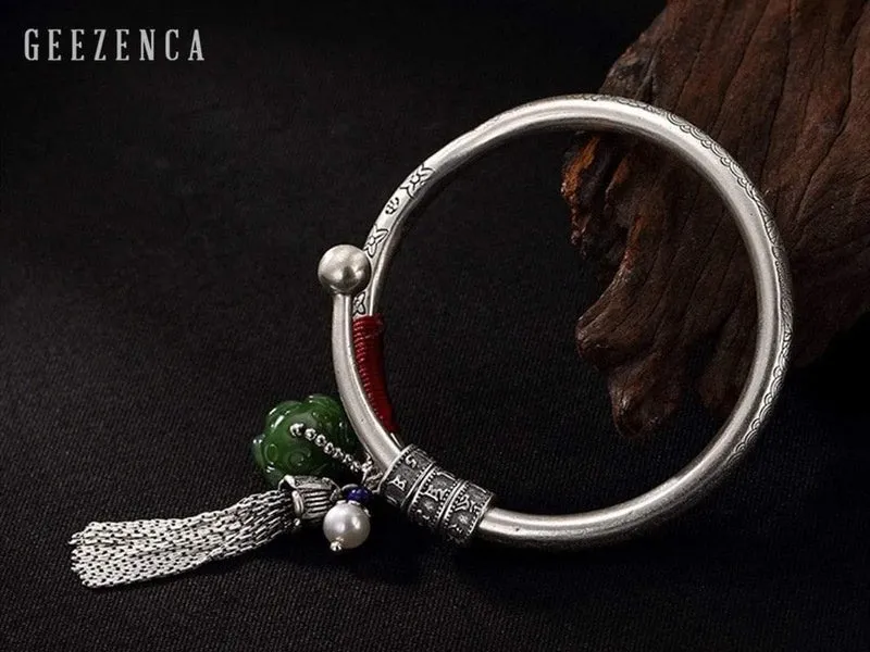 990 Sterling Thai Silber Edelstein Jade Resizable Bangles Lotus Glücksperlen Quaste Armband Armreif Vintage Fine Jewelry Women