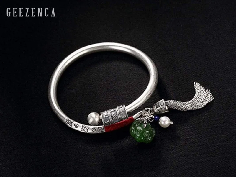990 Sterling Thai Silber Edelstein Jade Resizable Bangles Lotus Glücksperlen Quaste Armband Armreif Vintage Fine Jewelry Women