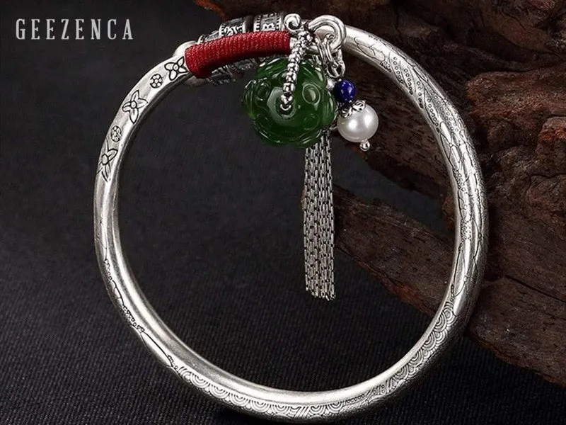990 Sterling Thai Silber Edelstein Jade Resizable Bangles Lotus Glücksperlen Quaste Armband Armreif Vintage Fine Jewelry Women