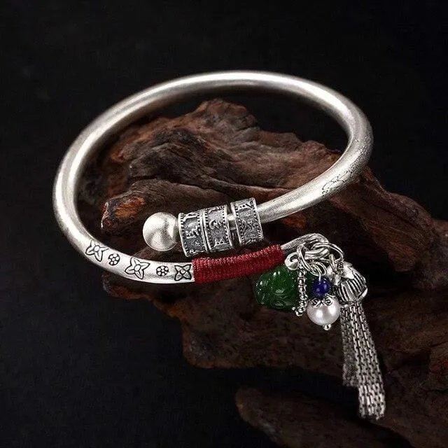 990 Sterling Thai Silber Edelstein Jade Resizable Bangles Lotus Glücksperlen Quaste Armband Armreif Vintage Fine Jewelry Women