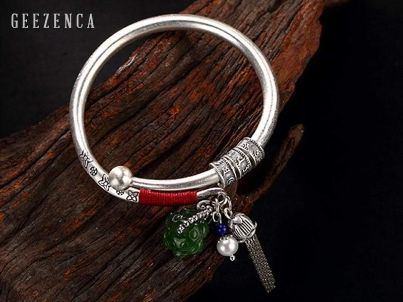 990 Sterling Thai Silber Edelstein Jade Resizable Bangles Lotus Glücksperlen Quaste Armband Armreif Vintage Fine Jewelry Women