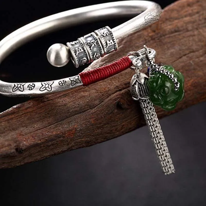 990 Sterling Thai Silber Edelstein Jade Resizable Bangles Lotus Glücksperlen Quaste Armband Armreif Vintage Fine Jewelry Women