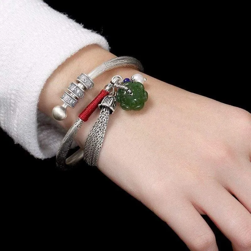 990 Sterling Thai Silber Edelstein Jade Resizable Bangles Lotus Glücksperlen Quaste Armband Armreif Vintage Fine Jewelry Women