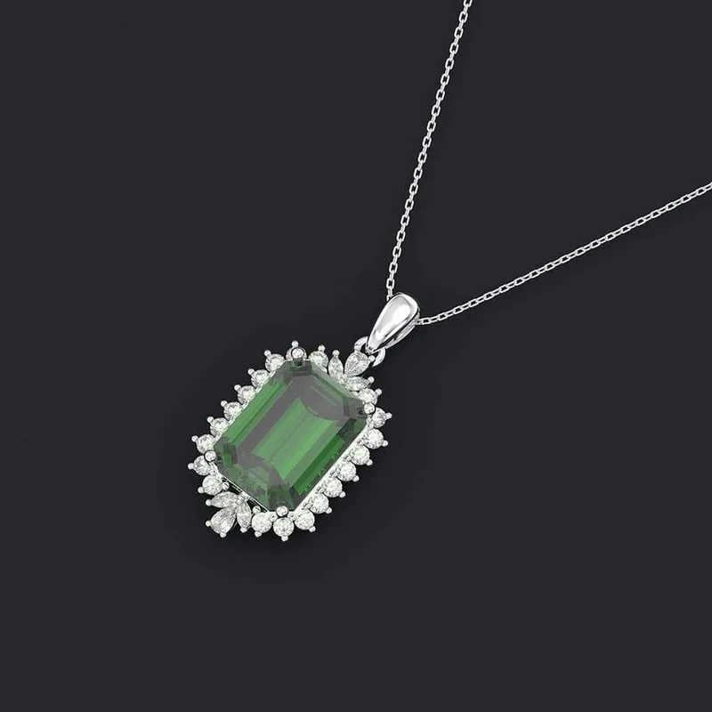925 Sterling Silber Smaragd Edelstein Diamanten Weißgold Frauen Anhänger Halskette Edlen Schmuck Großhandel