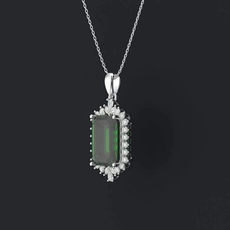 925 Sterling Silber Smaragd Edelstein Diamanten Weißgold Frauen Anhänger Halskette Edlen Schmuck Großhandel