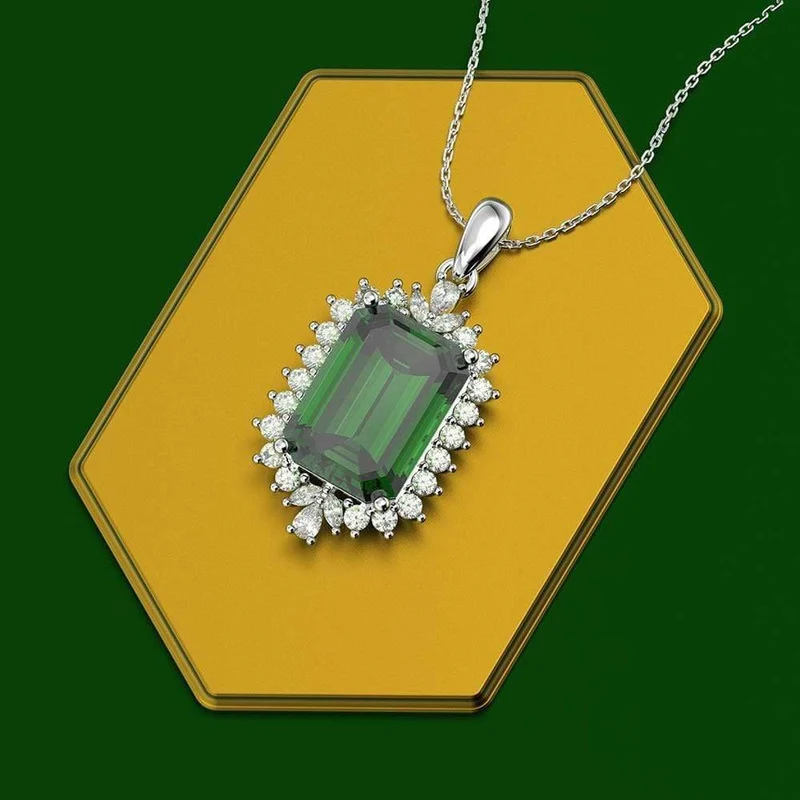 925 Sterling Silber Smaragd Edelstein Diamanten Weißgold Frauen Anhänger Halskette Edlen Schmuck Großhandel