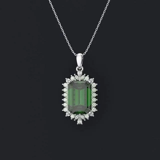 925 Sterling Silber Smaragd Edelstein Diamanten Weißgold Frauen Anhänger Halskette Edlen Schmuck Großhandel