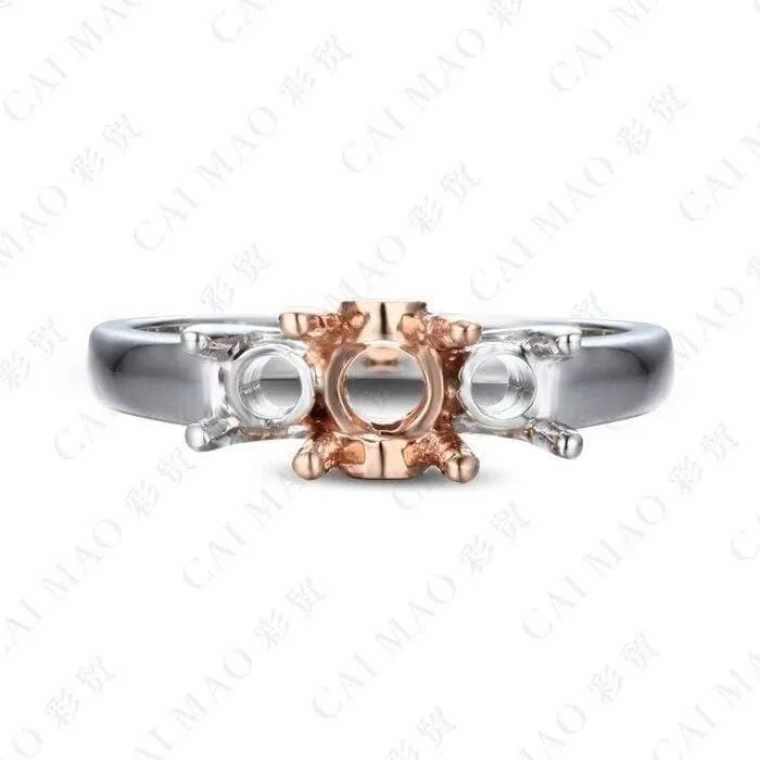 Diamantringfassungen mit drei Steinen im Rundschliff, Halbfassung, 14 Karat Roségold, Edelstein-Verlobungsring, edler Schmuck