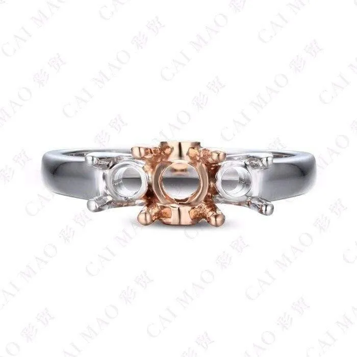Diamantringfassungen mit drei Steinen im Rundschliff, Halbfassung, 14 Karat Roségold, Edelstein-Verlobungsring, edler Schmuck