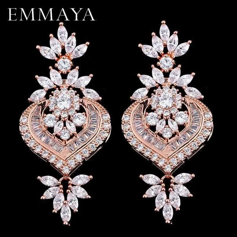 Roségold Luxus Große Lange Blume Anhänger Tropfen Ohrringe Mit Glänzenden CZ Brincos Braut Frauen Hochzeit Schmuck