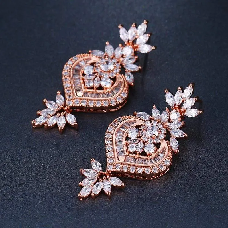 Roségold Luxus Große Lange Blume Anhänger Tropfen Ohrringe Mit Glänzenden CZ Brincos Braut Frauen Hochzeit Schmuck