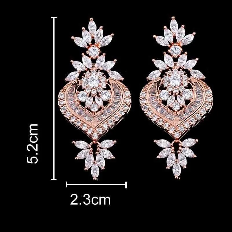 Roségold Luxus Große Lange Blume Anhänger Tropfen Ohrringe Mit Glänzenden CZ Brincos Braut Frauen Hochzeit Schmuck