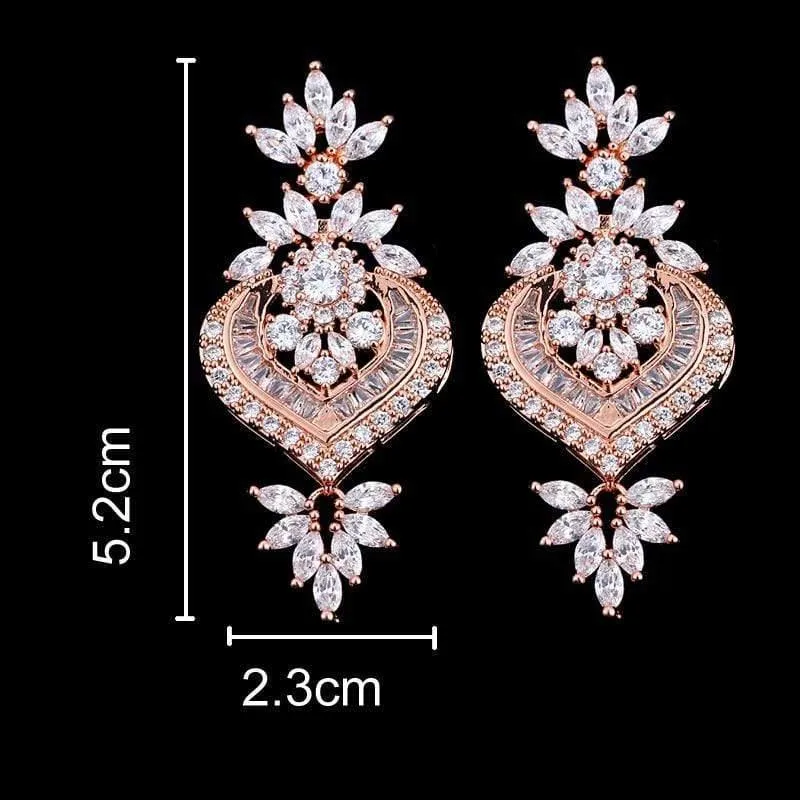Roségold Luxus Große Lange Blume Anhänger Tropfen Ohrringe Mit Glänzenden CZ Brincos Braut Frauen Hochzeit Schmuck