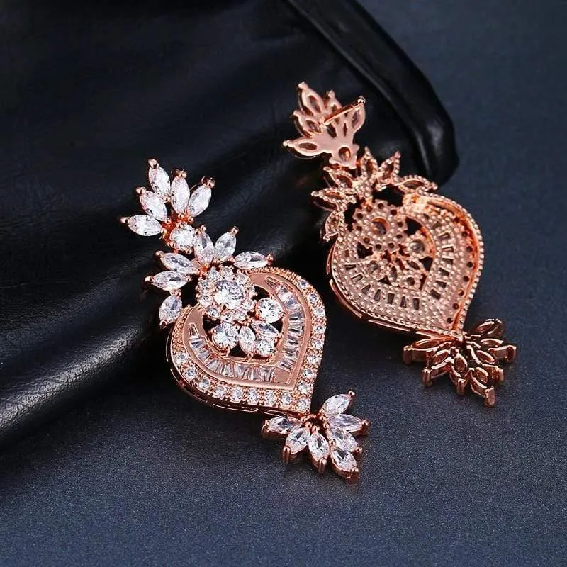Roségold Luxus Große Lange Blume Anhänger Tropfen Ohrringe Mit Glänzenden CZ Brincos Braut Frauen Hochzeit Schmuck