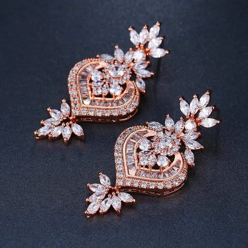 Roségold Luxus Große Lange Blume Anhänger Tropfen Ohrringe Mit Glänzenden CZ Brincos Braut Frauen Hochzeit Schmuck
