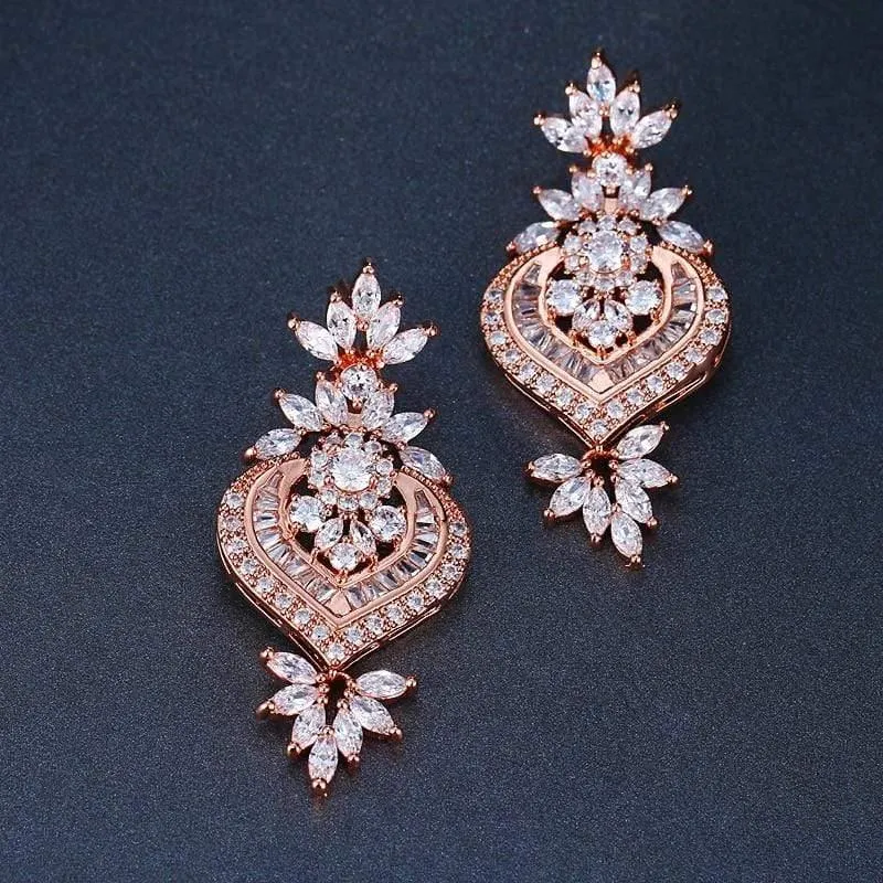 Roségold Luxus Große Lange Blume Anhänger Tropfen Ohrringe Mit Glänzenden CZ Brincos Braut Frauen Hochzeit Schmuck