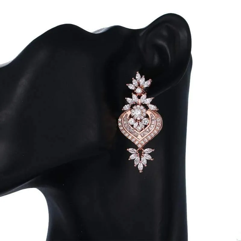 Roségold Luxus Große Lange Blume Anhänger Tropfen Ohrringe Mit Glänzenden CZ Brincos Braut Frauen Hochzeit Schmuck