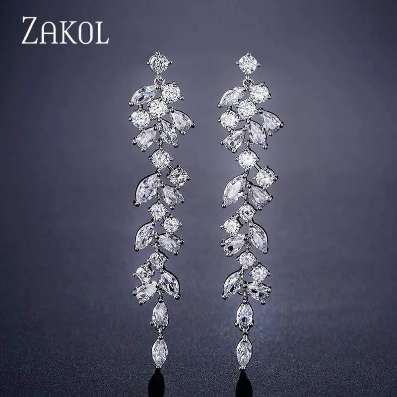 Lange Tropfenohrringe mit Kristallblättern für elegante Frauen, Braut, Hochzeit, Schmuck, Accessoires, Geschenk FSEP2232