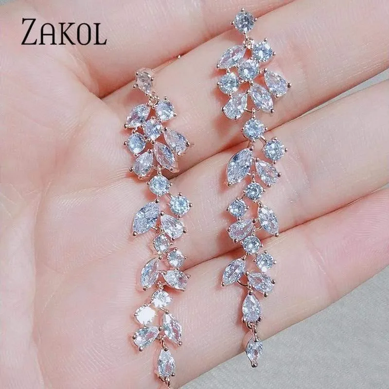 Lange Tropfenohrringe mit Kristallblättern für elegante Frauen, Braut, Hochzeit, Schmuck, Accessoires, Geschenk FSEP2232