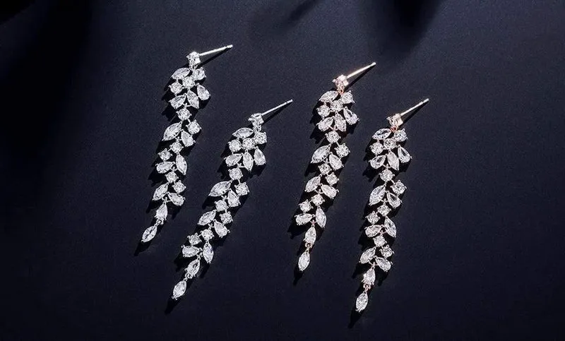 Lange Tropfenohrringe mit Kristallblättern für elegante Frauen, Braut, Hochzeit, Schmuck, Accessoires, Geschenk FSEP2232