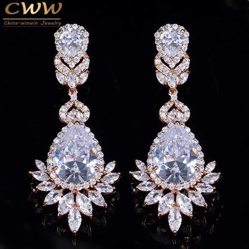 Zirkonia Rose Gold Farbe Große Lange Baumeln Tropfen Braut Hochzeit Ohrringe Schmuck für Frauen CZ151
