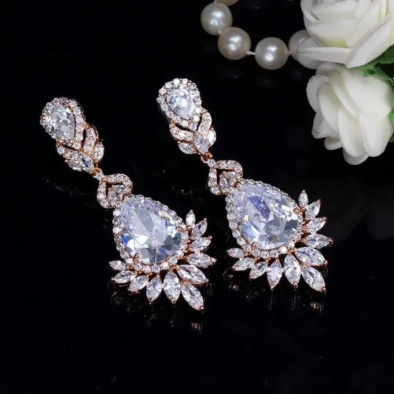 Zirkonia Rose Gold Farbe Große Lange Baumeln Tropfen Braut Hochzeit Ohrringe Schmuck für Frauen CZ151