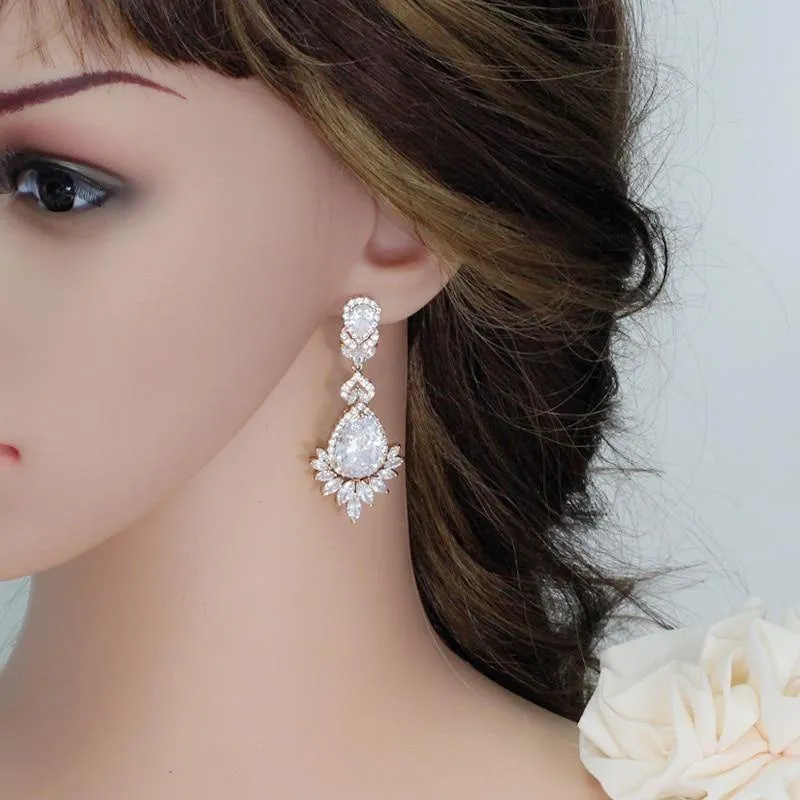 Zirkonia Rose Gold Farbe Große Lange Baumeln Tropfen Braut Hochzeit Ohrringe Schmuck für Frauen CZ151
